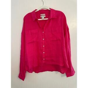 Rachel Zoe Womens 100% Linen Hot Pink Button Up Lagnelook Shirt Size Large